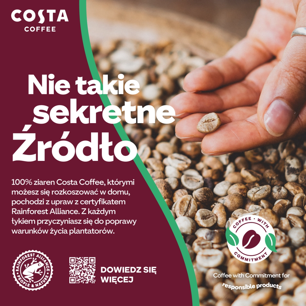 100% ziaren Costa Coffee pochodzi z upraw z certyfikatem Rainforest Alliance.
